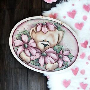 Hand Made Painted Teddy Bear With Flowers Wood Cottagecore Wall Decor Plaque